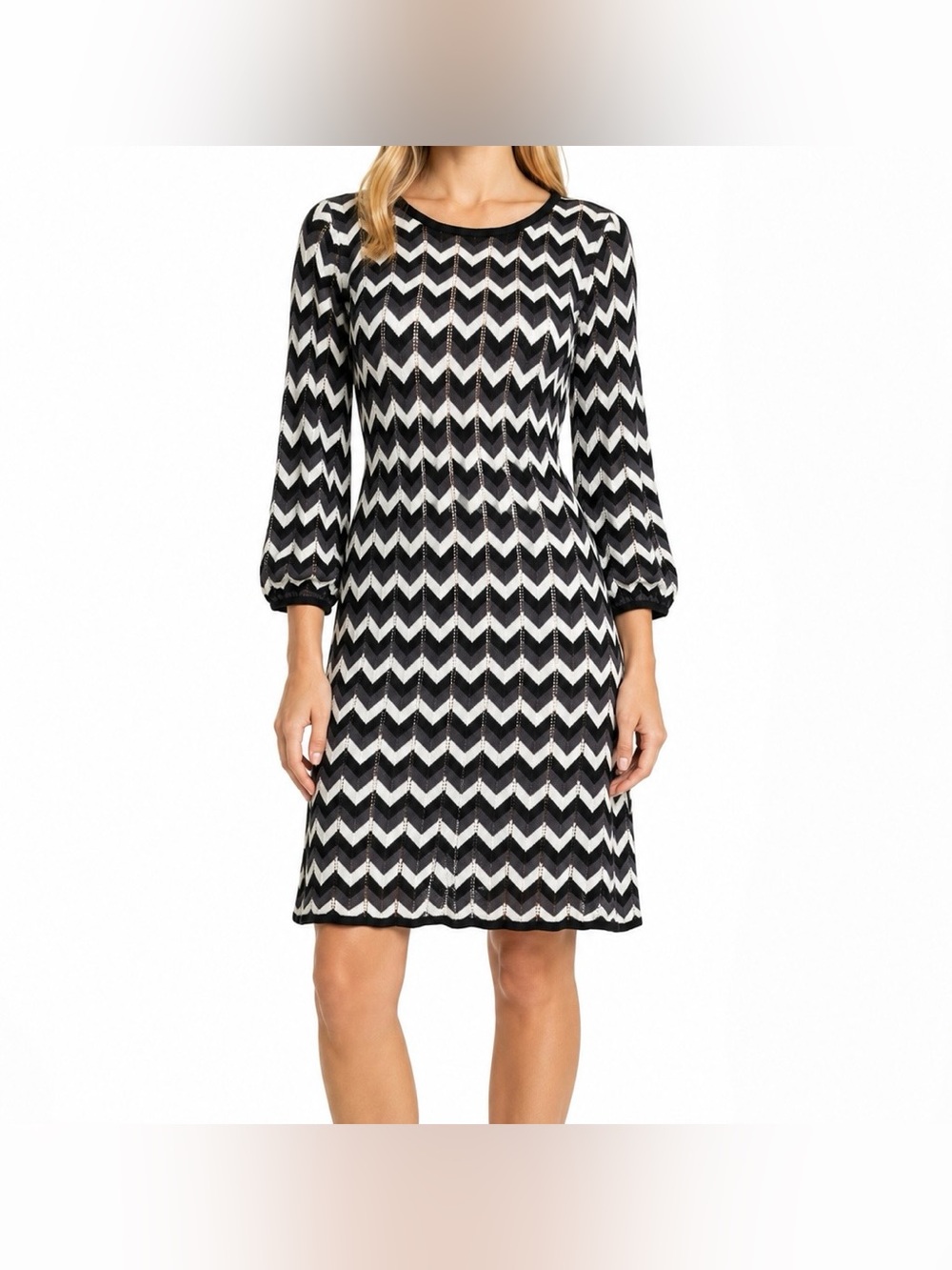 Alice + Olivia Chevron Open Knit Sweater Dress Black White Wool Blend XS